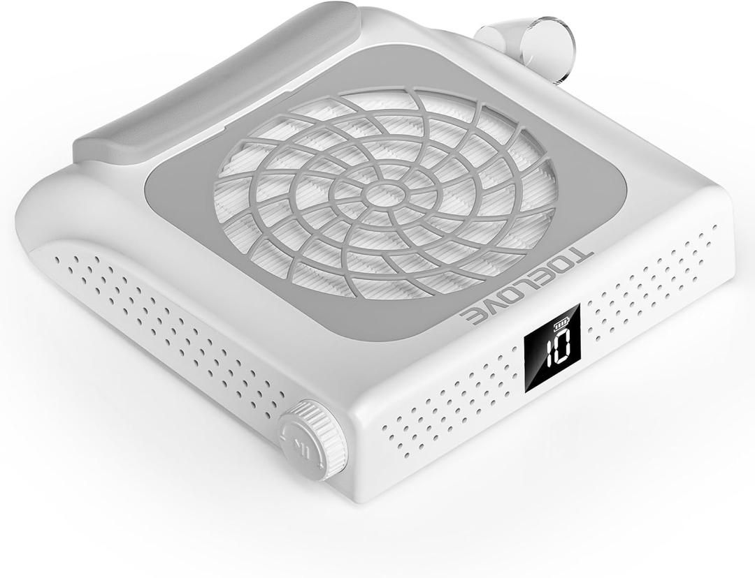 Upgraded Nail Dust Collector with Hand Rest, 10 Speeds, Reusable Filter, Quiet & Rechargeable, Professional Nail Fan Dust Tech Machine for Acrylic Gel Nails Polishing, Salon & Home, White