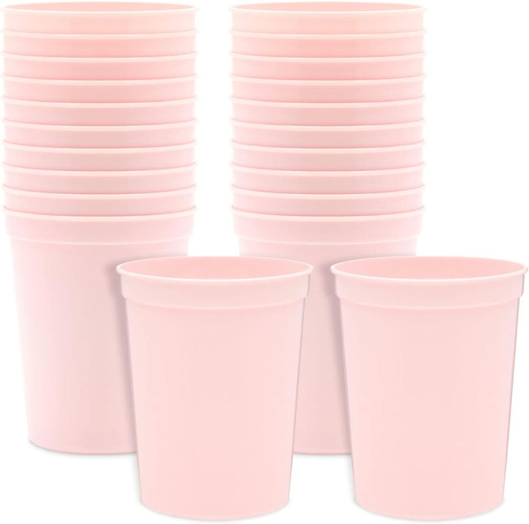 BLUE PANDA Reusable Plastic Cups - 16 Oz, Light Pink, 24 Count - Light Pink Stadium Tumblers & Pastel Stadium Cups - Washable Bulk Drinkware