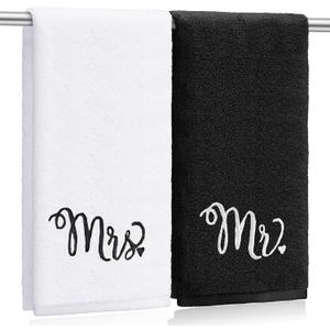 Tingjoo 2 Pcs Mr. and Mrs. Hand Towels 100% Cotton Embroidered Bathroom Towel Wedding Mr. and Mrs. Gift for Valentine's Day Couple, Anniversary Bathroom Decor 29 x 13 Inch