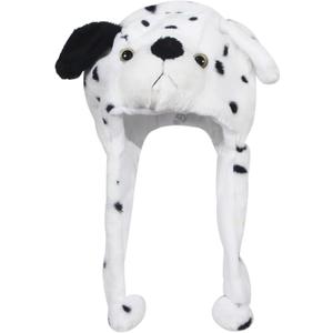 Timiot Cute Plush Animal Character Winter Hat Fun Ski Cap with Detailed Animal Face Long Ear Straps with Pom Pom Ends (One Size, Dalmatian)