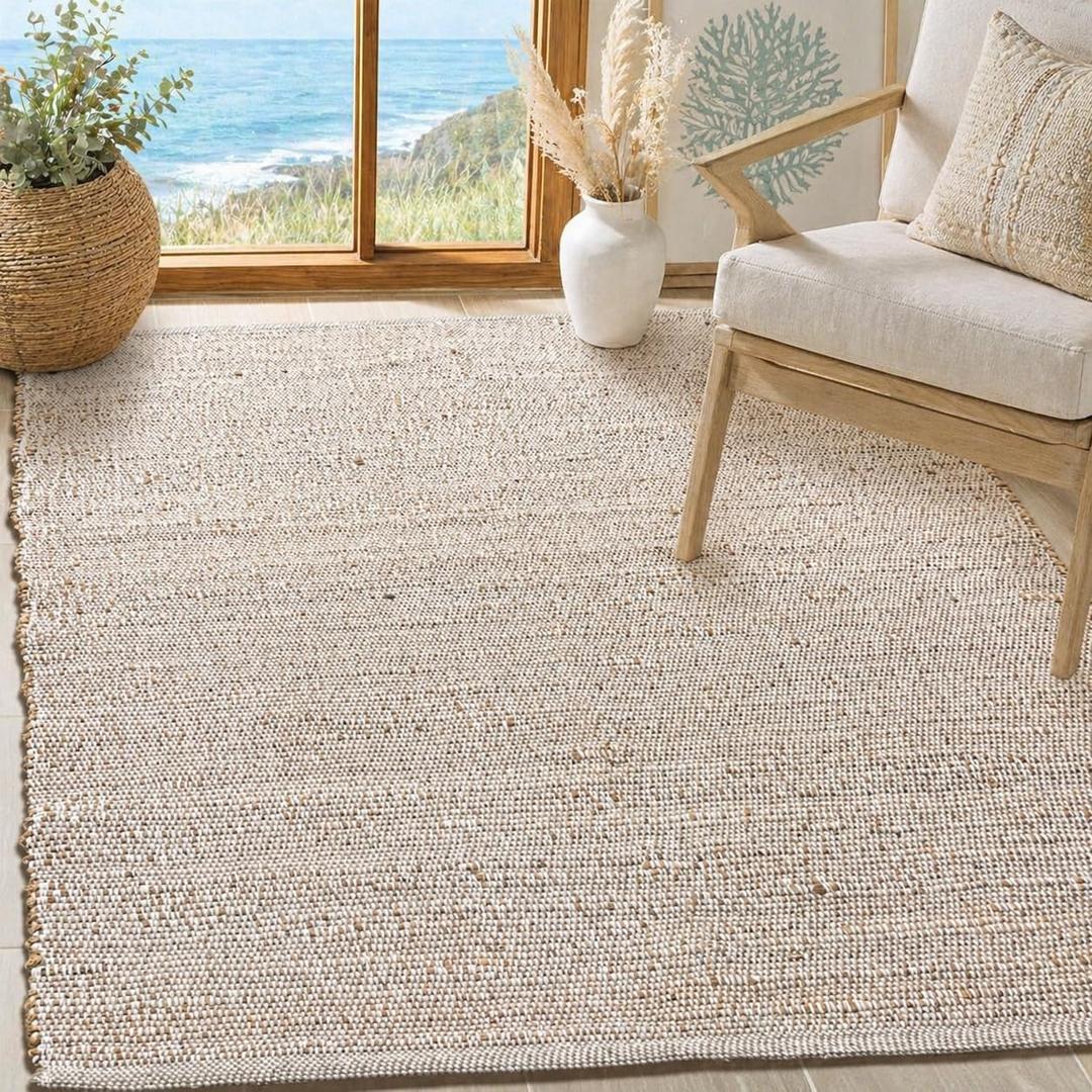 Chardin home 4x6 Jute Cotton Hand Woven Area Rug, Natural Jute/Cream Braided Boho Farmhouse Rug, Rustic Vintage Reversible Natural Fiber Rug for Living Room, Bedroom, Dining Room, Office, or Entryway