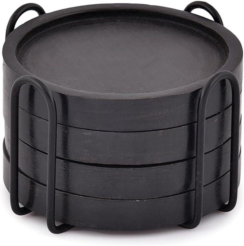 NIRMAN Wooden Coasters for Drinks Coffee Table, Round Drink Coasters with Holder for Tabletop Protection, Set of 4 (4" x 4" x 0.5") (Black)