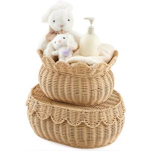 Juexica 2 Pcs Scalloped Rattan Baskets, Baby Diaper Caddy, Woven Rattan Wicker Storage Baskets with Lid for Nursery Storage Diaper Organizer Bathroom Decor (Natural,Small,Medium)