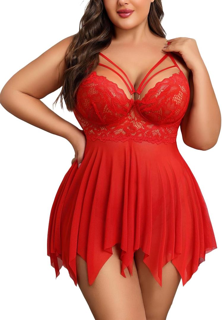 Avidlove Babydoll Lingerie for Women Strappy Nightdress Sexy Nightgowns Bridal Chemise Plus Size Lace Langeray 18W (Red) XXL