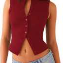 Womens Going Out Tops Summer Spring Ribbed Tank Sexy Crop Cute Y2K Button Down T Shirts Fashion Clothes 2025 (Small, Red)