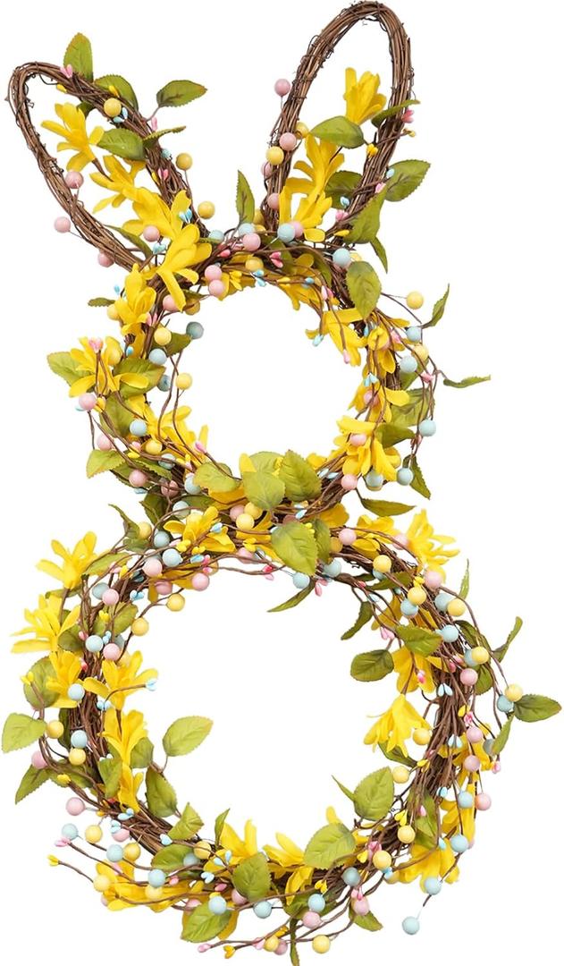 TEMPUS 28" Easter Bunny Wreath for Front Door - Yellow Forsythia & Speckled Eggs with Foldable Base - Large Spring Rabbit Door Hanger