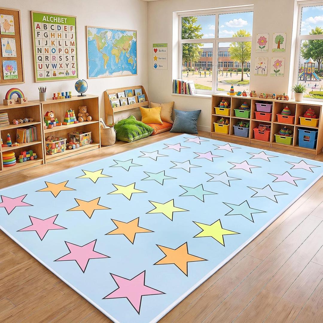 5 x 7.5 ft Large Classroom Rug Elementary, Back to School Pastel Schoolgirl Educational Area Carpet for Corner,Preschool, Playroom, Daycares, Learning Space Activities Supplies