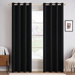 MIULEE Linen Texture Curtains for Bedroom Solid 100% Blackout Thermal Insulated Halloween Black Curtains Grommet Room Darkening Drapes for Living Room 52x84 Inch (2 Panels)