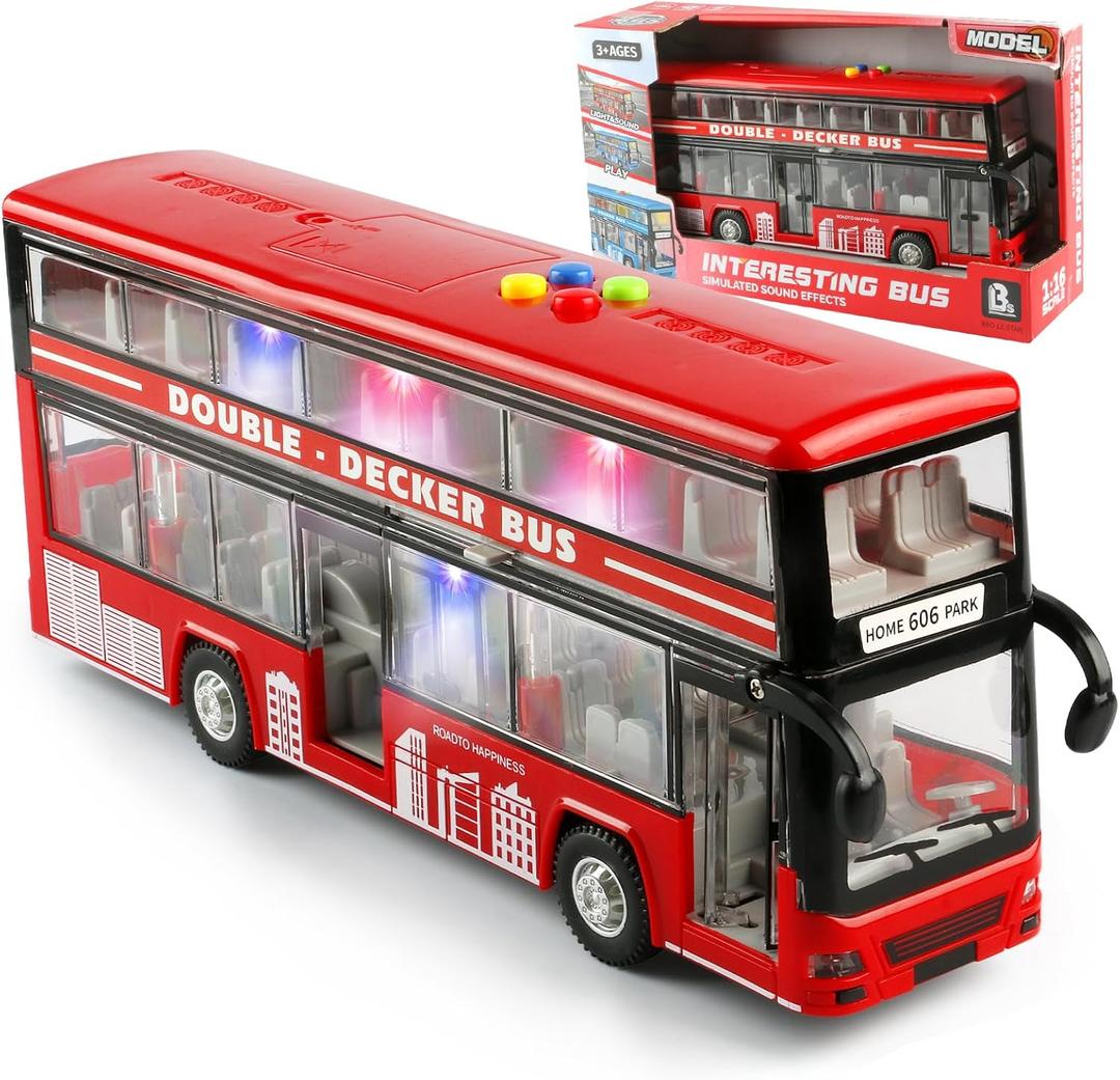 11"(28cm) Double Decker Bus Toy with Lights & Sounds, Scale(1:16) Friction Powered Bus Toy for Kids with Indoor Ceiling Lights and 4 Different Sounds - Gift for Kids Ages 3+ (Red), 11 x 2.8 x 4.9 inches