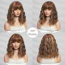 Short Brown Blonde Wig,Shoulder Length Bob Curly Wavy Ombre Brown Wig With Bangs for Women, Charming Heat-resistant Synthetic Hair Wigs for Date Daily Use