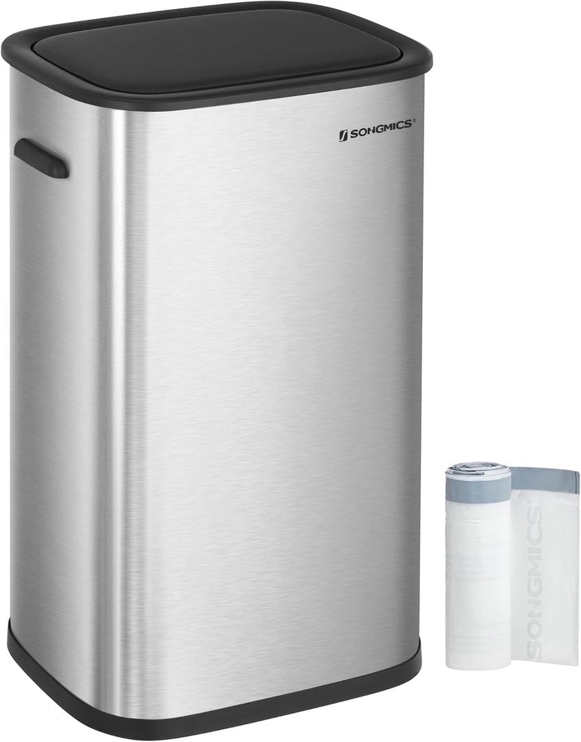 SONGMICS Motion Sensor Trash Can, 13 Gallon Automatic Garbage Can with Soft-Close Lid and Bag Retainer Ring, Stainless Steel, Touchless Kitchen Trash Bin, 15 Trash Bags Included, Silver ULTB610E50