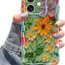Jusy Compatible with iPhone 12, Colorful Retro Oil Painting Printed Flower Laser Glossy Pattern Cute Curly Wave Phone Case Soft TPU Cover for Girly Women - Green Yellow