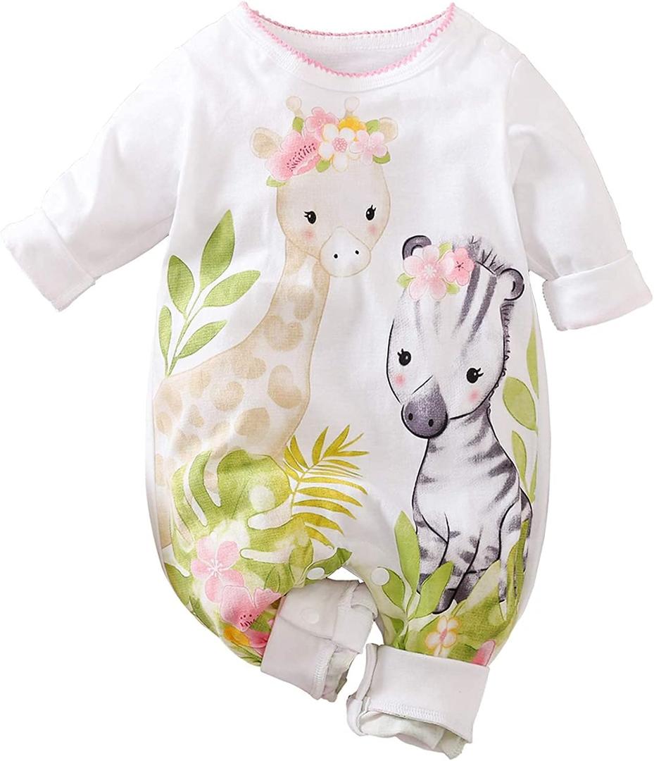 Cute Giraffe + Zebra With Floral Print Long Sleeve Baby Girl Clothes White Jumpsuit For Baby One-Piece Romper (White)