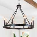 23.6" Black Wagon Wheel Chandelier - 8 Light Candle Style Farmhouse Pendant Light, Round Dining Room Light Fixture for Kitchen Island, Entryway, Foyer, and Living Room, Vintage Rustic Design