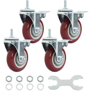 Finnhomy Swivel Caster Wheels 4 Inch Threaded Stem Casters Set of 4 Heavy Duty 3/8"-16 x 1 with Brake Polyurethane Industrial Locking Castors Wheels for Cart/Furniture 2200 Lbs Smooth Casters, Red