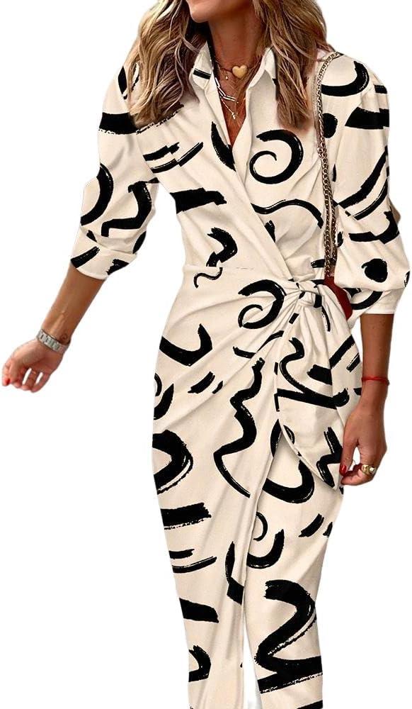 CHICME Women's Long Sleeve Midi Dress Casual Wrap Tied Detail Shirt Dresses Floral Print Fall Long Dress (X-Large, B-apricot)