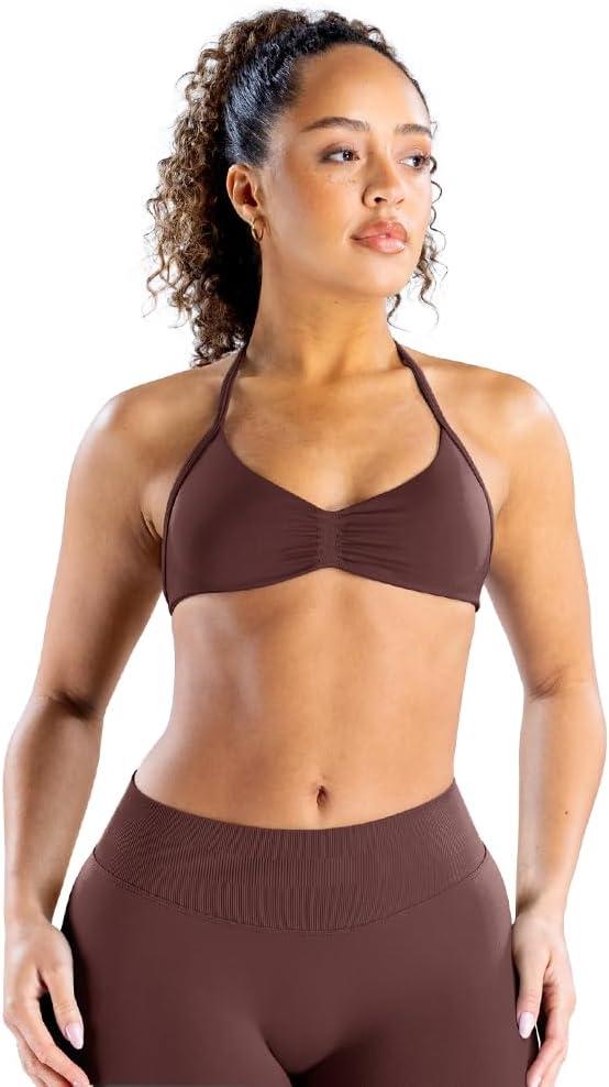 Impact Strappy Bra Backless Halter Sports Yoga Top Women Workout Fitness Gym Outdoor Front Motion Scrunch Tops (Medium, Cocoa)