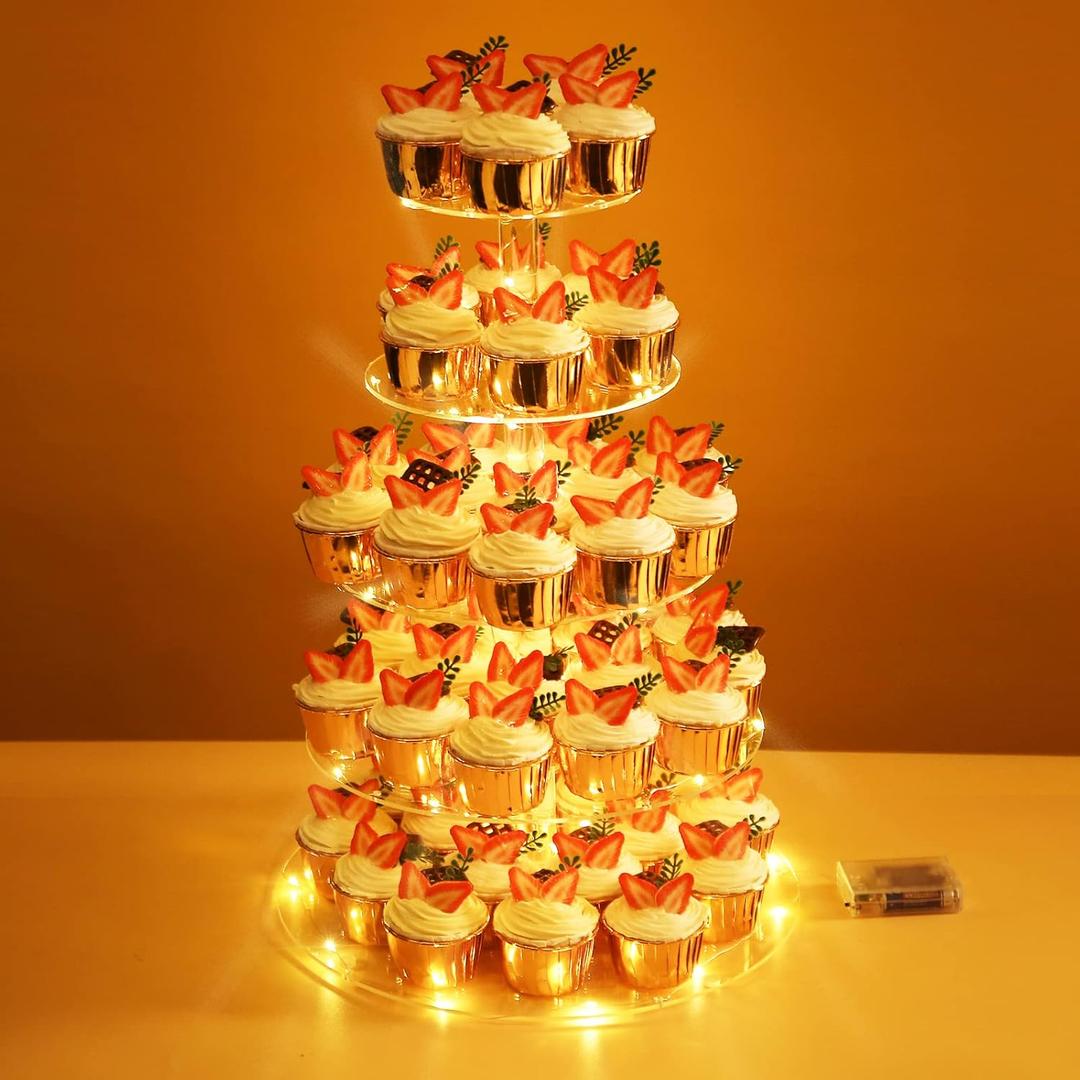 Kimdee 5 Tier Acrylic Cupcake Stand Round Acrylic Cupcake Holder Tower Display for Dessert Table with LED Light String (Yellow)