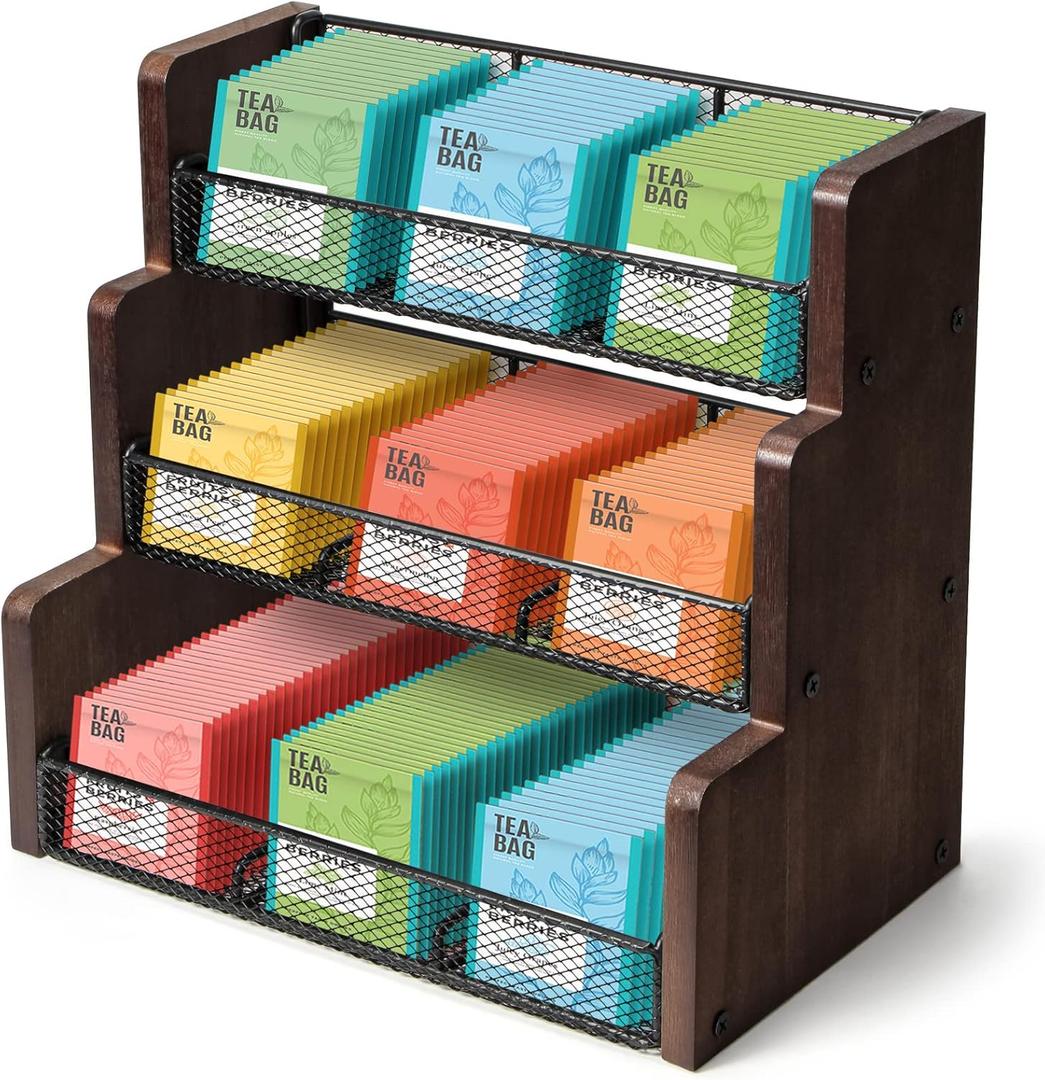 TJ.MOREE Tea Bag Organizer 3 Tier Tea Storage, Solid Wood Tea Storage Chests for Kitchen, Office, Countertop, Cabinet Pantry, Tea Bag, Coffee, Sugar Packets, Creamers Holder (Black)