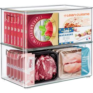 Heyuzb 2 Pack Clear Freezer Organizer Bins Stackable Storage Bins with Side Handles for Kitchen Pantry Cabinet Organzation and Storage