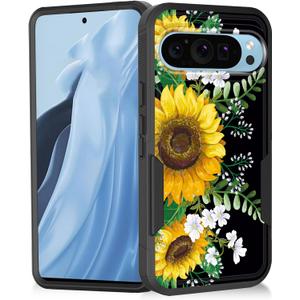 for Google Pixel 10/10 Pro 6.3 Inch 2025 Case,Heavy Duty Dual Layer Hybrid Hard PC Soft Rubber Shockproof Protective Rugged Bumper Case,Sunflowers Floral Patterns