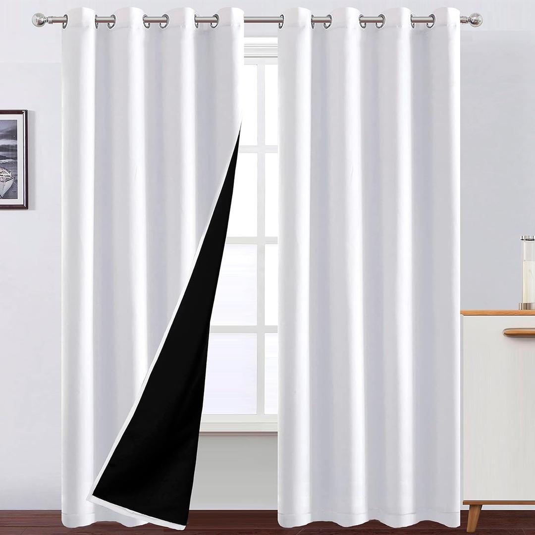 LEMOMO 100% Blackout Curtains 52 x 95 Inch/White Curtains 2 Panels with Black Lining Room Darkening Thermal Insulated Bedroom Curtains