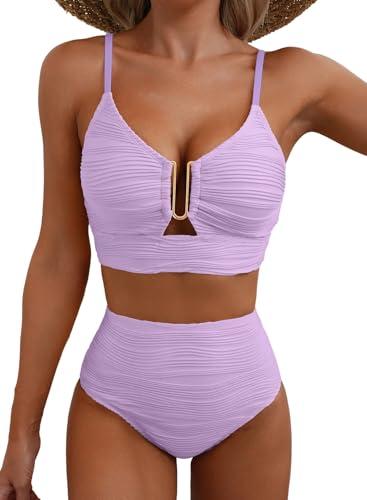 Herseas Women's Ribbed Bikini Set Spaghetti Strap U Wire V Neck 2 Piece Popular Swimsuits High Rise 2026 Summer Beach Fashion Outfits Slimming Bathing Suit Light Purple Large