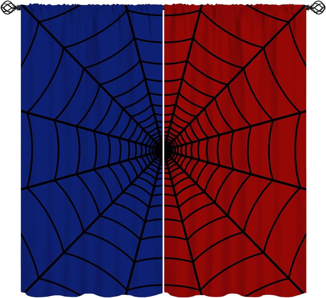 Super Hero Spider Web Window Curtains for Kids, Black Spiderweb Window Treatments Kids Red Blue Curtain Drapes for Boys Girls Baby Toddler Children Bedroom Playroom W42xL45in (Decor)