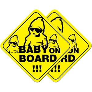 2-Pack Baby On Board Sign Stickers - Cute & Essential Baby Gift - Bright Yellow, Safety Signs for Car, Truck, Van, Bumper - 5"x5" (Line Baby)