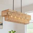 34" Rattan Chandelier, Boho Dining Room Rectangle Linear Light