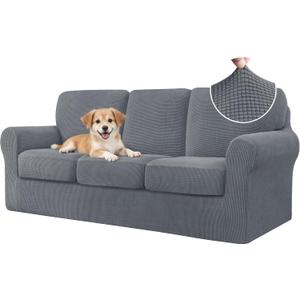 CHUN YI 7 Piece Couch Covers Sofa Covers Washable, Stretch Sofa Slipcover for 3 Cushion Couch with Seperate Backrest and Cushion Covers, Anti Slip Furniture Protector for Dogs Pets (Large, Light Grey)