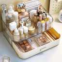 Makeup Organizer with Drawer, Stackable Cosmetic Organizer for Vanity and Bathroom Countertop, Clear Storage for Perfume, Skincare, Lipstick and Brushes, Cream White