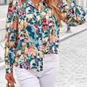 PRETTYGARDEN Women's Floral Blouses Dressy Casual V Neck Button Down Shirts Lantern Long Sleeve Boho Chiffon Spring Tops 2026 (L)