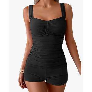 B2prity Women's Tankini Swimsuit Tummy Control Ruched Two Piece Bathing Suit Push Up Modest Swim Suits with Shorts, XL