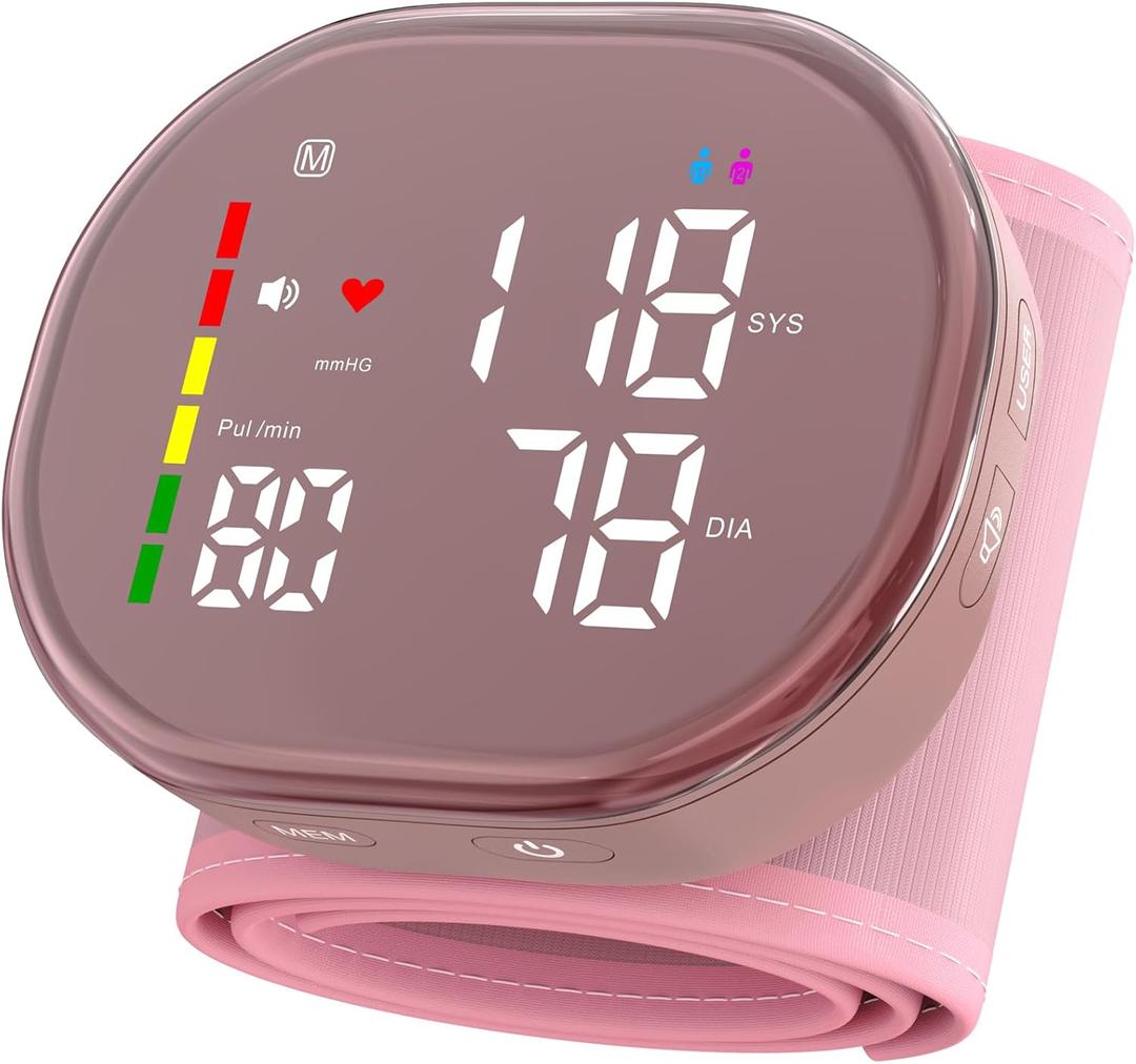 Guaever Wrist Blood Pressure Monitor Rechargeable BP Machine with 5.3"~7.7" Cuff, 2120 Memory, One-Button Switch Memory and User, Professional Automatic Wrist BP Cuff BP Monitor for Family (Pink)