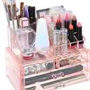 Ikee Design Pink Jewelry & Cosmetic Storage Display Boxes Two Pieces Set, Pink Cosmetic Jewelry Organizer Makeup Holder, Organizer for Vanity (1a) 1 Top 4 Drawers, Pink)