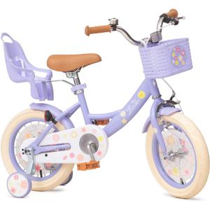 Bixike Girls Bike with Basket for Toddlers and Kids Aged 3-14 Years Old, with Training Wheels & Doll Seat, 20 Inch with Kickstand & Rear Rack, Princess Style Bicycle for Gift. Purple, 14 Inch With Doll Seat
