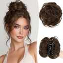 RUWISS Claw Clip Messy Bun Hair Piece Real Human Hair Buns Wavy Curly Chignon Hair Bun Extensions Tousled Updo Hair Buns Claw Clip Ponytail Hairpieces, Medium Brown (Warm/Reddish Tone)