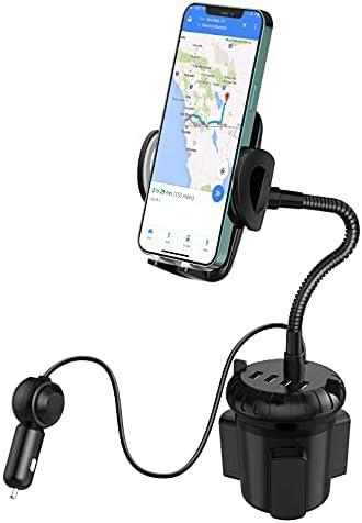 4-Port USB Car Charger with Cup Holder Phone Mount, Rapid Multi Port Charger, Adjustable Gooseneck Rotatable Holder for Smartphones