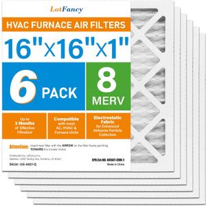 Lot Fancy 16x16x1 Air Filter MERV 8 6-Pack, Actual Size: 15.75"x15.75"x0.75", Pleated Furnace & AC Filter Replacement, Captures Dust, Pet Hair, Pollen