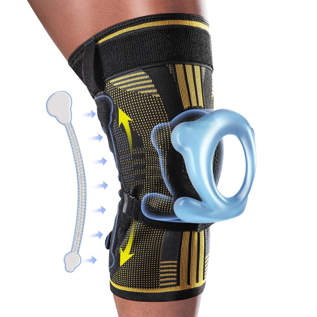 Fit Geno Knee Brace with Side Stabilizers: Breathable Knee Sleeve w/ Patented Patella Gel Pad for Maximum Pain Relief - Ultimate Knee Support and Fast Recovery from Meniscus Tear Arthritis ACL PCL Men & Women (Medium) (Black-Gold)