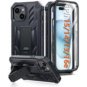 FNTCASE for iPhone 15 Case: for iPhone 14 Case & iPhone 13 Case [Built-in Screen Protector & Kickstand] [Military Grade Drop Protection] Heavy Duty Full Protective Shockproof TPU Phone Cover - Black