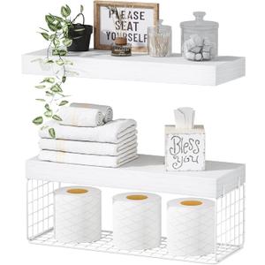 QEEIG White Bathroom Shelves Over Toilet - Wall Mounted Floating Shelves Farmhouse Shelf Toilet Paper Storage Small 16 inch Set of 2 (019-W2)