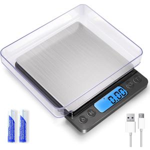 Small Digital Gram Scale 1000g by 0.01g, MEIYA High Accuracy Scale for Food Ounces and Grams, Upgrade USB Charging Kitchen Scale Digital Weight for Cooking, Baking, with Tare Function, 9 Units, 2 Tray (Black)