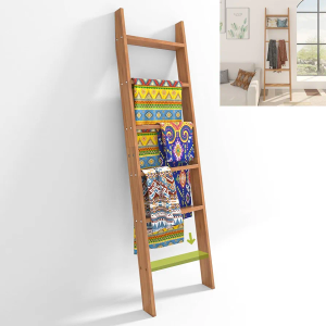 AKTOP Adjustable Blanket Ladder 63 Inch, Rustic Bamboo Blankets Holder Rack for Farmhouse Home Decor, 5-Tier Wall Leaning Ladders, Ladder Shelf Stand for Living Room, Bedroom, Bathroom, Easy Assembly