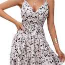 Verdusa Women's Floral Print Ruffle Trim Cap Sleeve Tie Back A Line Mini Dress, L