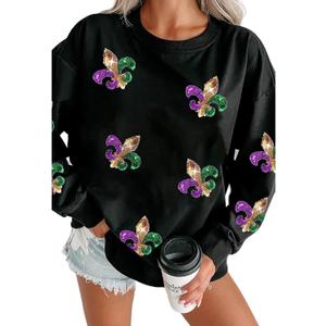 SELINK Womens Mardi Gras Sweatshirt Oversized Crewneck Sequin Long Sleeve Casual Pullover Tops (X-Large, Black)