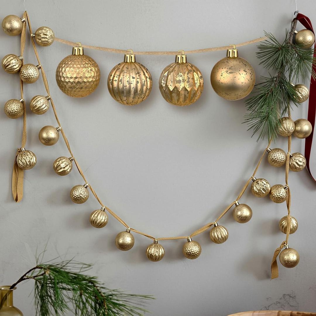 6.5 ft Champagne Gold Ornament Garland Neutral Textured Christmas Shatterproof Ornaments Garland 2 Inch 24 Ball Vintage Rustic Farmhouse Ball Xmas Decor for Mantel Indoor Outdoor