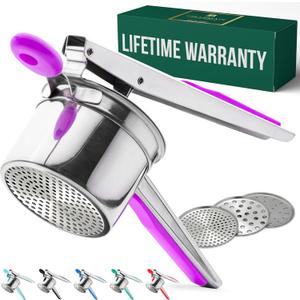 Bellemain Heavy-Duty Stainless Steel Potato Ricer & Masher | 15 oz, Perfect for Mashed Potatoes | Kitchen Tool with 3 Interchangeable Discs (Purple)