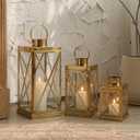 TRIROCKS Gold Stainless Steel Lantern Set of 3-Square Elegance 8/12/16 Inch Opulent Metal Candle Lanterns Candle Holder with Tempered Glass for Home Garden Indoor Outdoor Decor Celebratory Everyday